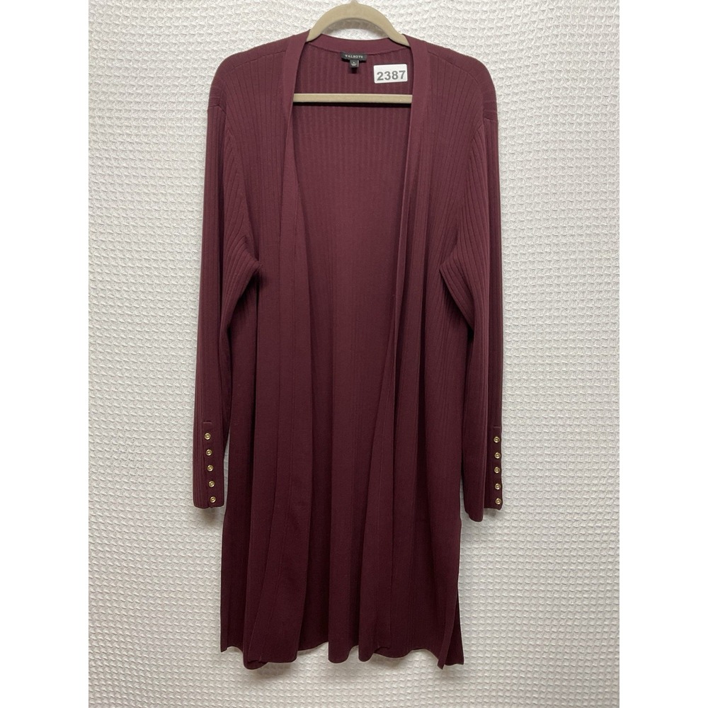 Talbots Long Line Open Front Rib Knit‎ Cardigan Women's Size L Burgundy Sweater